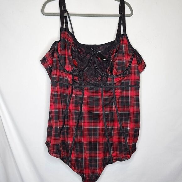 6X 30W Torrid Red Plaid Bodysuit Underwire Lingerie Punk Snaps Lace Cutout Pipin - Picture 2 of 7